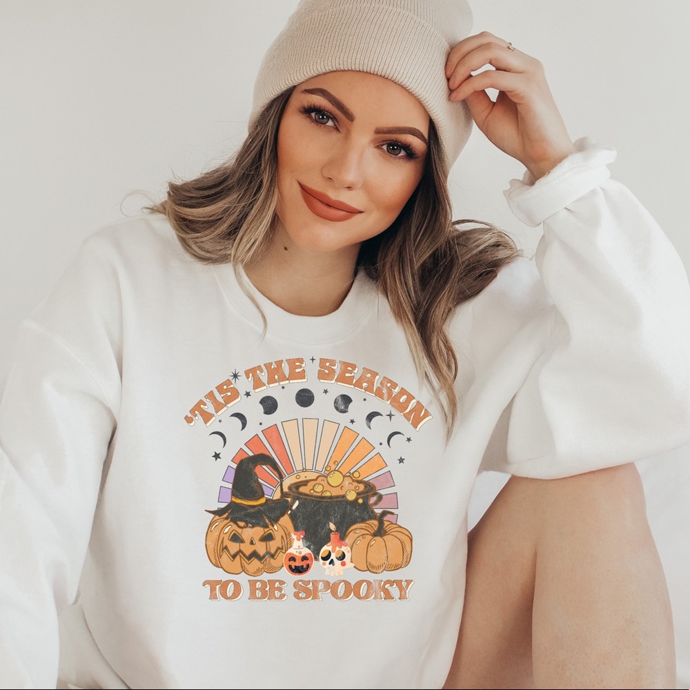 Distressed Tis The Season To Be Spooky Retro Pumpkin 70s Vibes Unisex Sweatshirt - Picture 2 of 4